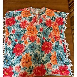 Time and Tru Floral Tassel‎ Poncho Top XL/XG (16-18) Red Blue Orange Cover Up